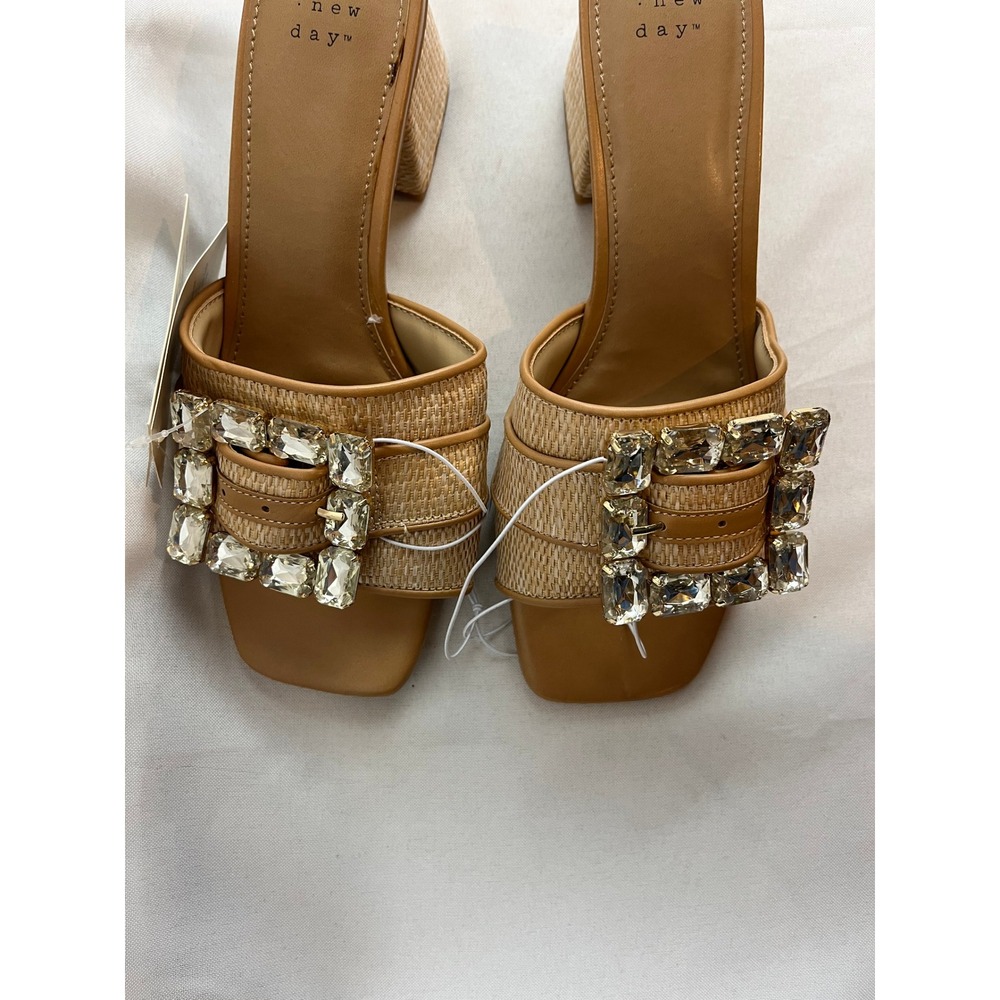 A New Day Womens Woven Block Heel Slide Sandals Rhinestone Buckle Tan Size 8 - Picture 2 of 6